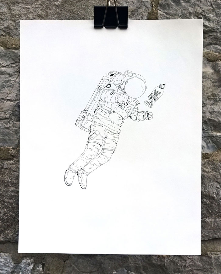 Illustration au feutre Micron noir d'un astronaute emmenant une plante dans l'espace.